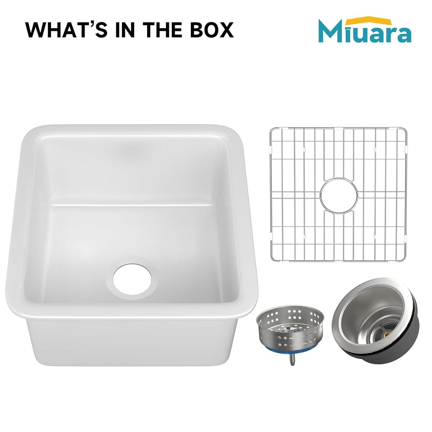 White Undermount Kitchen Sink 18 Inch - Small Topmount Wet Bar Sink Drop In 18”x18”x9”, Dual Mount Single Bowl, Heavy Duty Solid Fireclay, w 2 Accessories, for Kitchen & Laundry & Outdoor