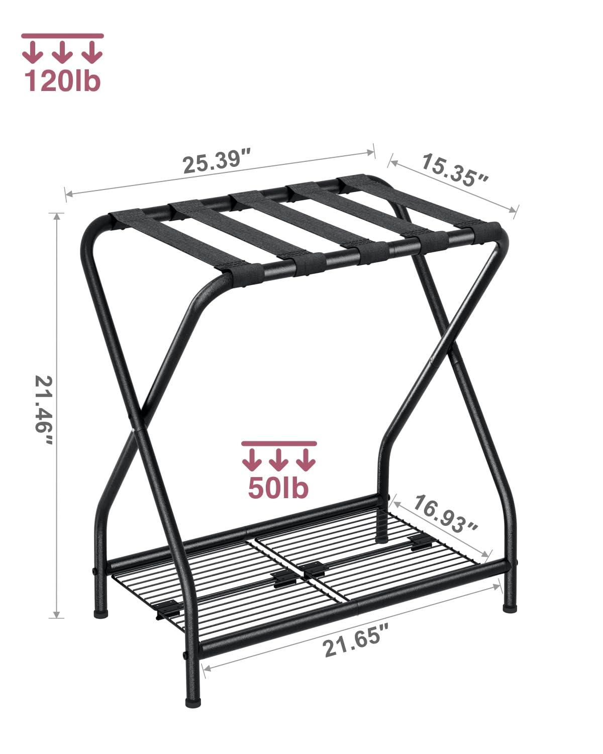 A Home Rack Set Of 2, Foldable Suitcase Stand With Storage Shelf, Metal Luggage Holder For Guest Room, Bedroom