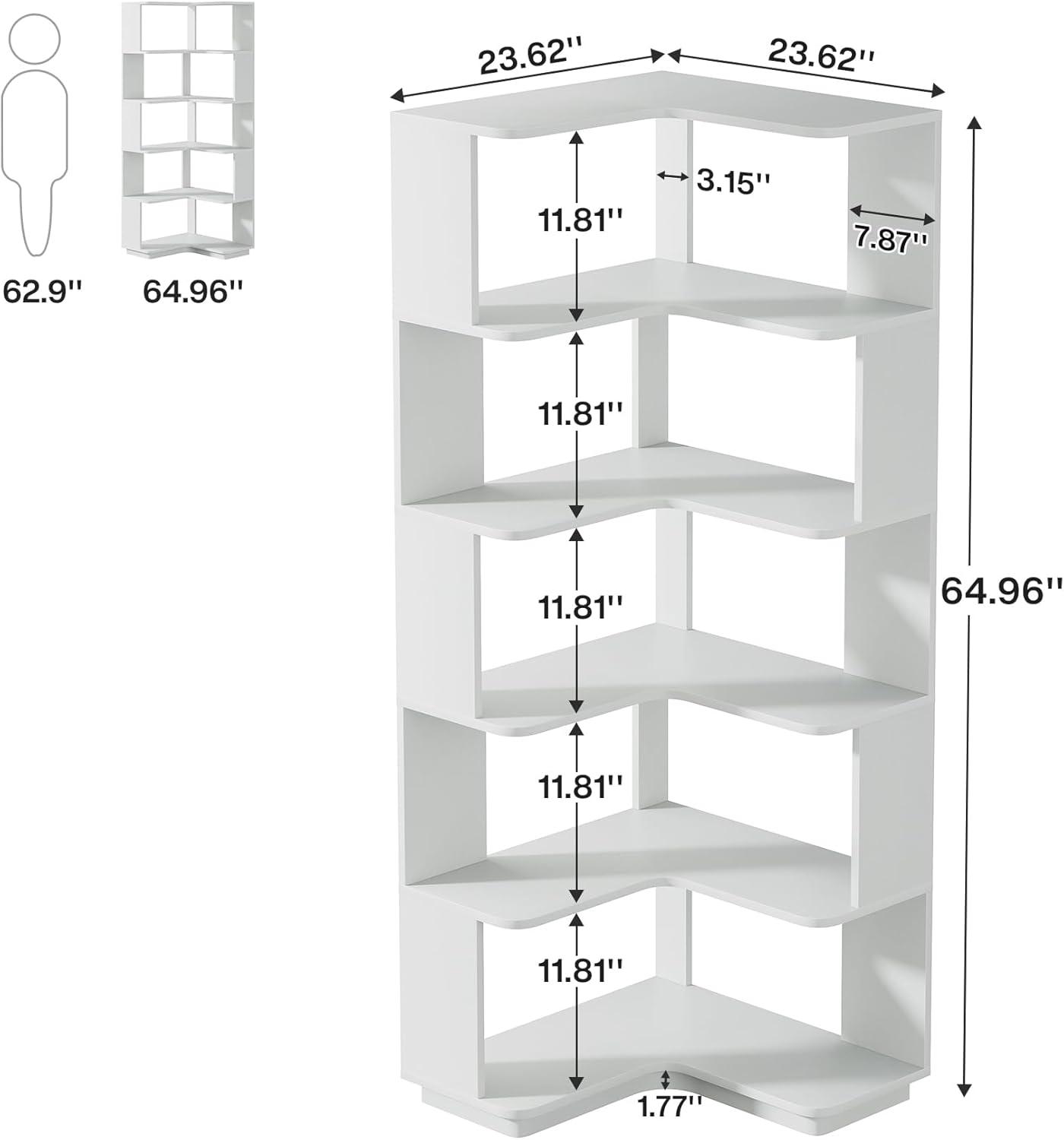 Hommoo 6-Tier Corner Bookshelf, 64.96" Corner Bookcase with Anti-Drop Panel Silver Gray