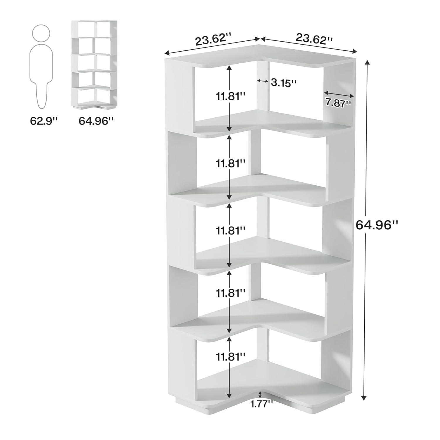 Hommoo 6-Tier Corner Bookshelf, 64.96" Corner Bookcase with Anti-Drop Panel Silver Gray