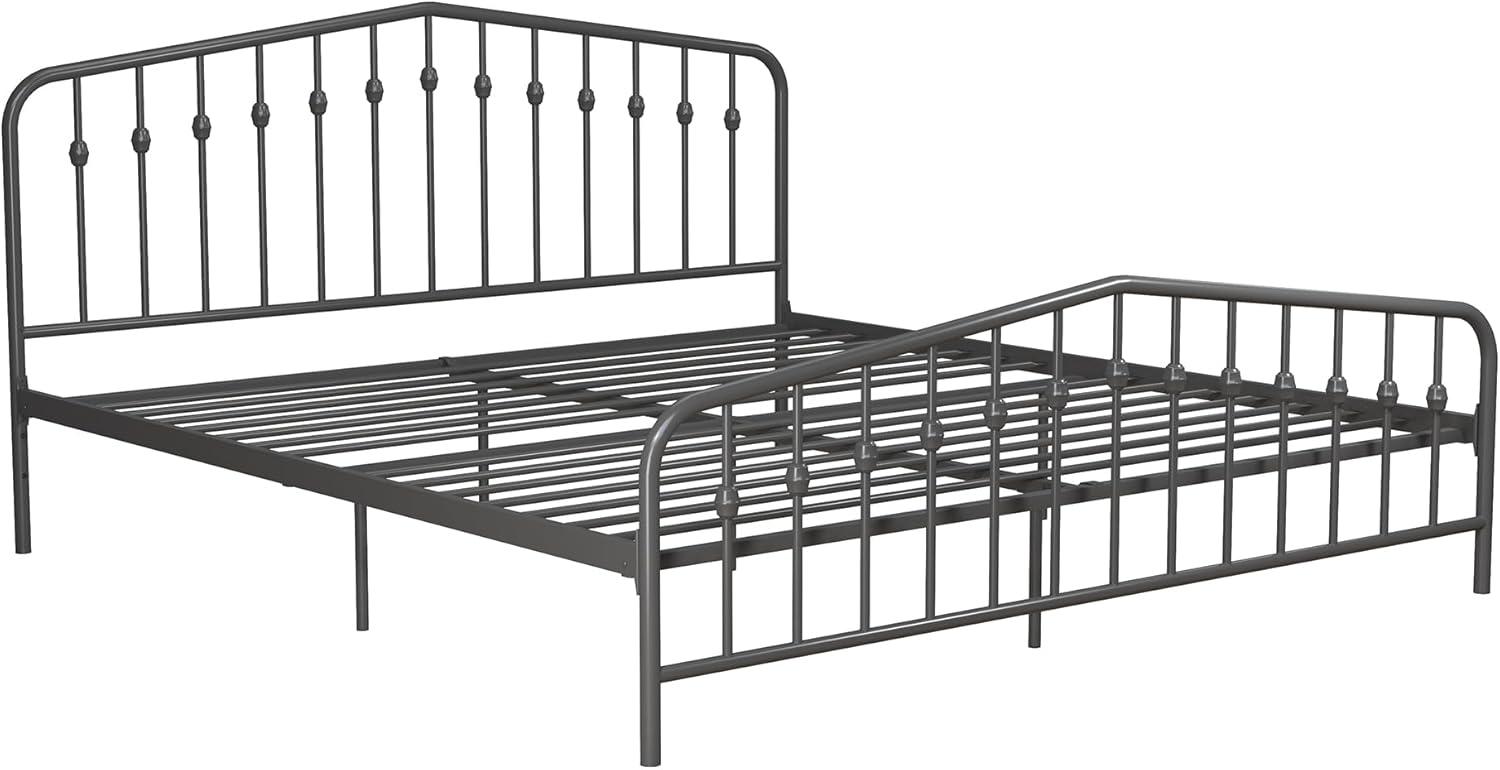 King-Size Gunmetal Gray Metal Bed with Upholstered Headboard and Storage Drawer