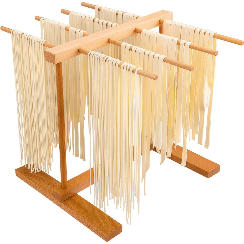Gekufa Pasta Drying Rack – 8 Arms Collapsible Beechwood Noodle Dryer for Spaghetti, Fettuccine, Linguine – Compact Foldable Design for Easy Storage