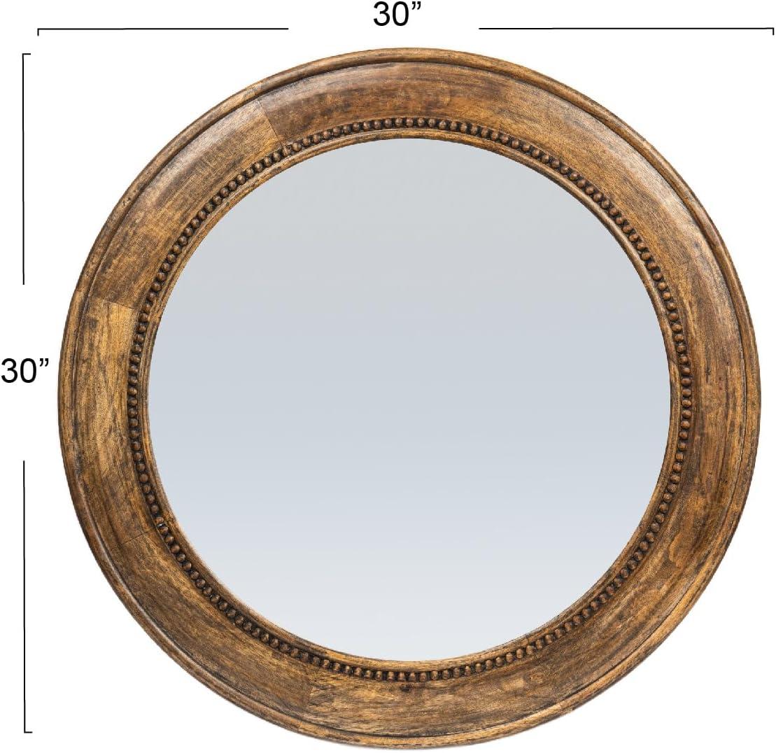 Storied Home Round Carved Wood Framed Wall Mirror with Hobnail Detail: No Assembly, Mango Wood