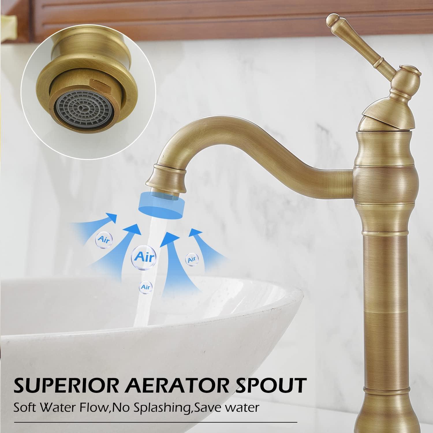 GGStudy 360° Swivel Antique Brass Bathroom Vessel Sink Faucet Single Handle One Hole Matching with Pop Up Drain