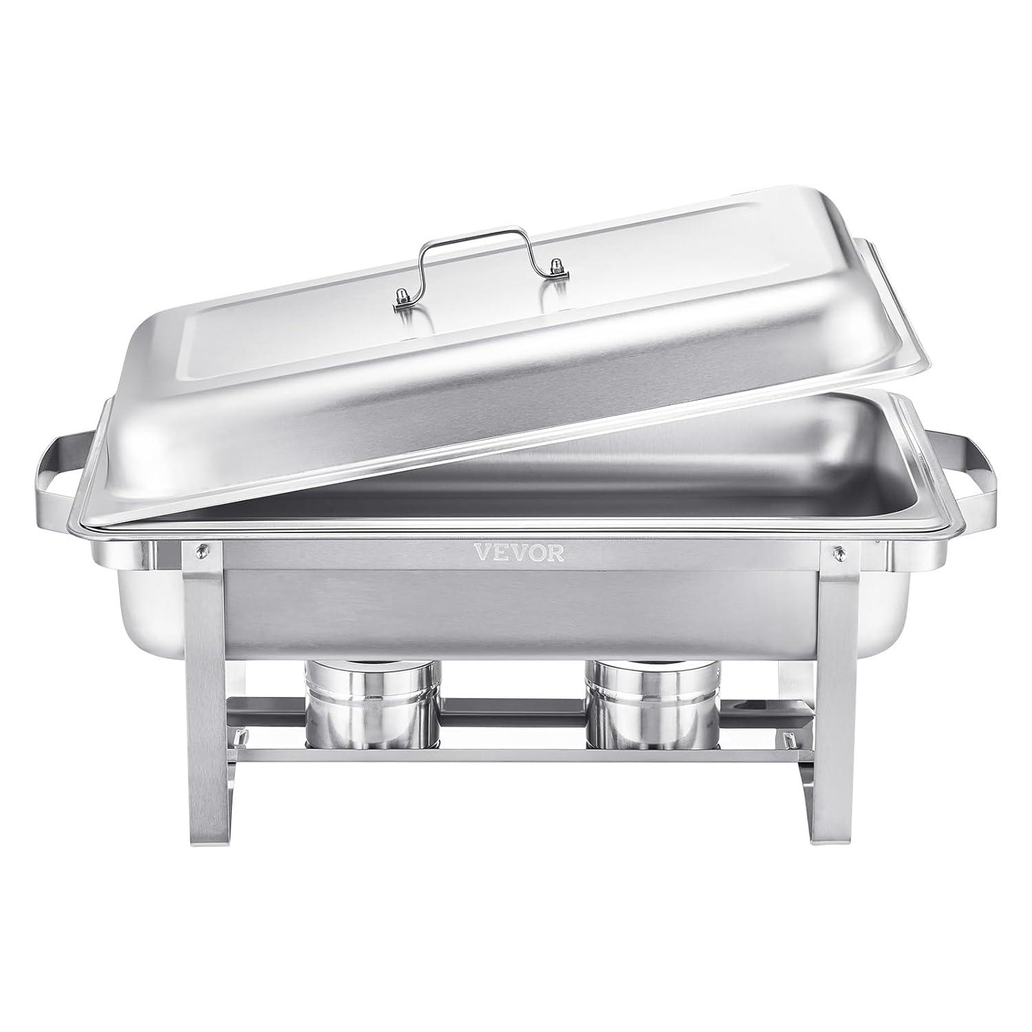 VEVOR Chafing Dish Buffet Set, 8 Qt 2 Pack, Stainless Chafer with 2 Full & 4 Half Size Pans, Rectangle Catering Warmer Server with Lid Water Pan Folding Stand Fuel Tray Holder Clip