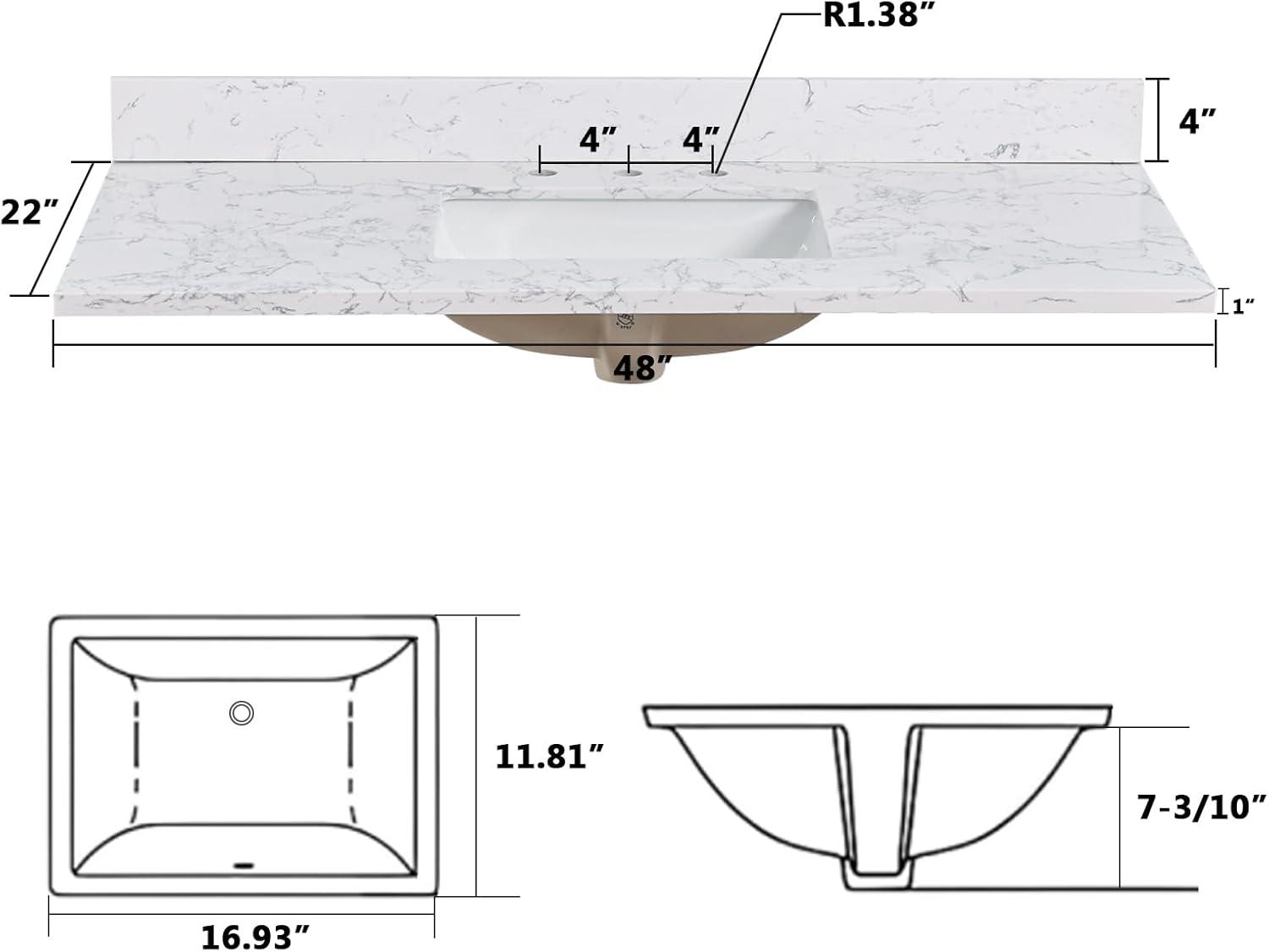 48" White Engineered Stone Vanity Top with Center Sink