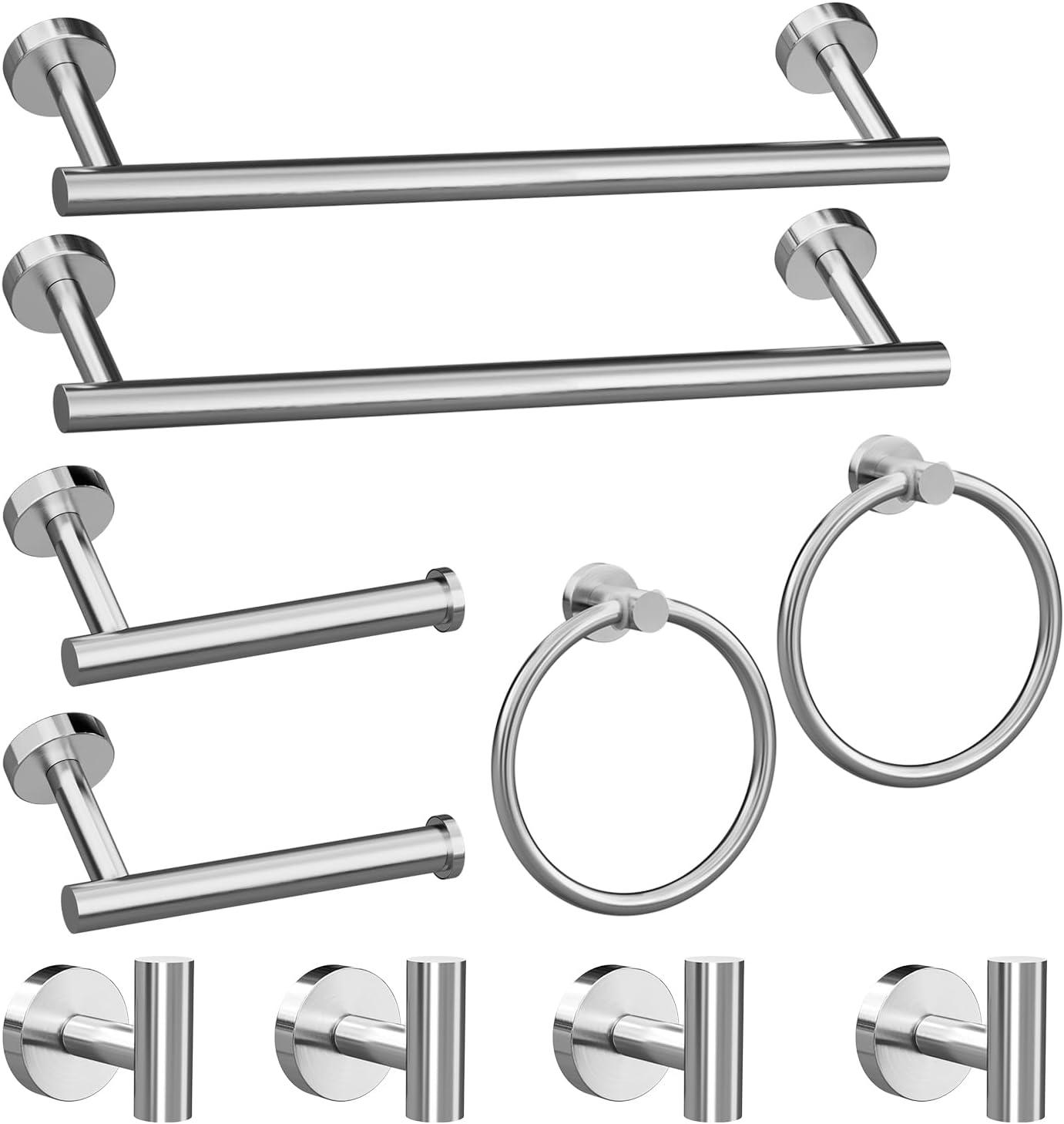 10 Pieces Brushed Nickel Bathroom Hardware Set Include 16inch Towel Bar,4pcsTowel Hooks,Toilet Paper Holder,Hand Towel Ring Round SUS304 Stainless Steel Bathroom Accessories Set