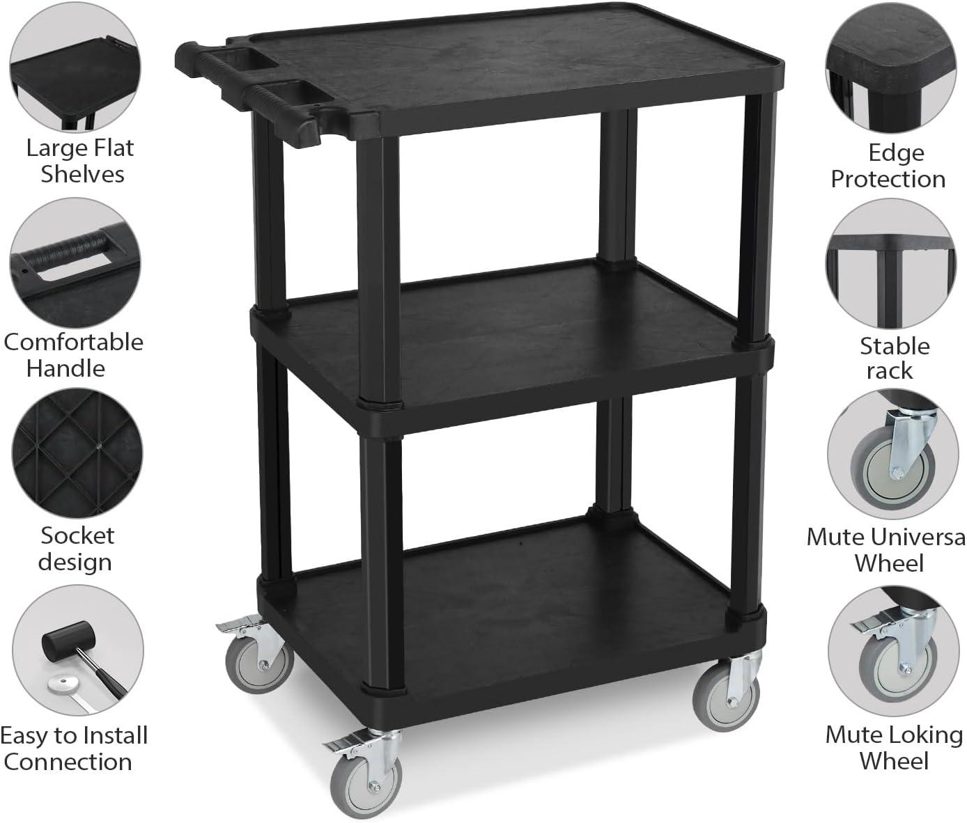 TUFFIOM 3-Tier Plastic Service Utility Cart, Rolling Flat Cart with Wheels, Large Capacity, Multi-function Handle Storage and Mute Flexible Wheels with Braker, Great for Office Warehouse Garage, Black