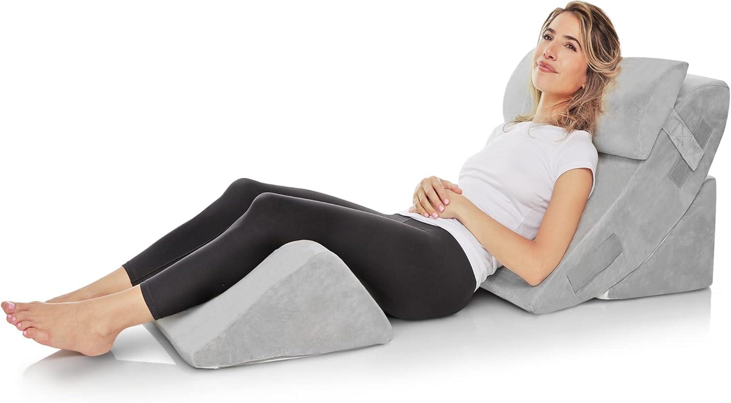 Allsett Health 4 PC Bed Wedge Pillows Set - Orthopedic Memory Foam Wedge Pillow | Multi Angle Relief System for Back and Leg- Machine Washable Grey