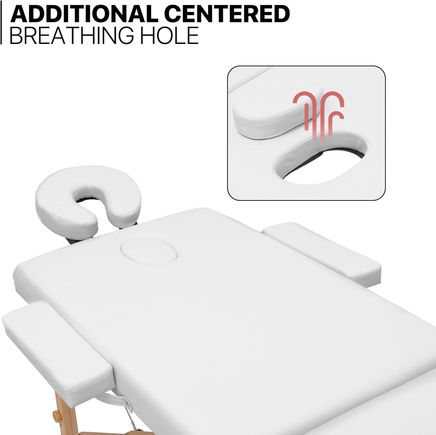 MoNiBloom Portable Massage Table Spa Bed, 24.5" to 33.5" Height Adjustable Two Fold Massage Bed / Facial Salon Tattoo Bed with Carry Bag for Beauty Salon and Family, Beechwood, White