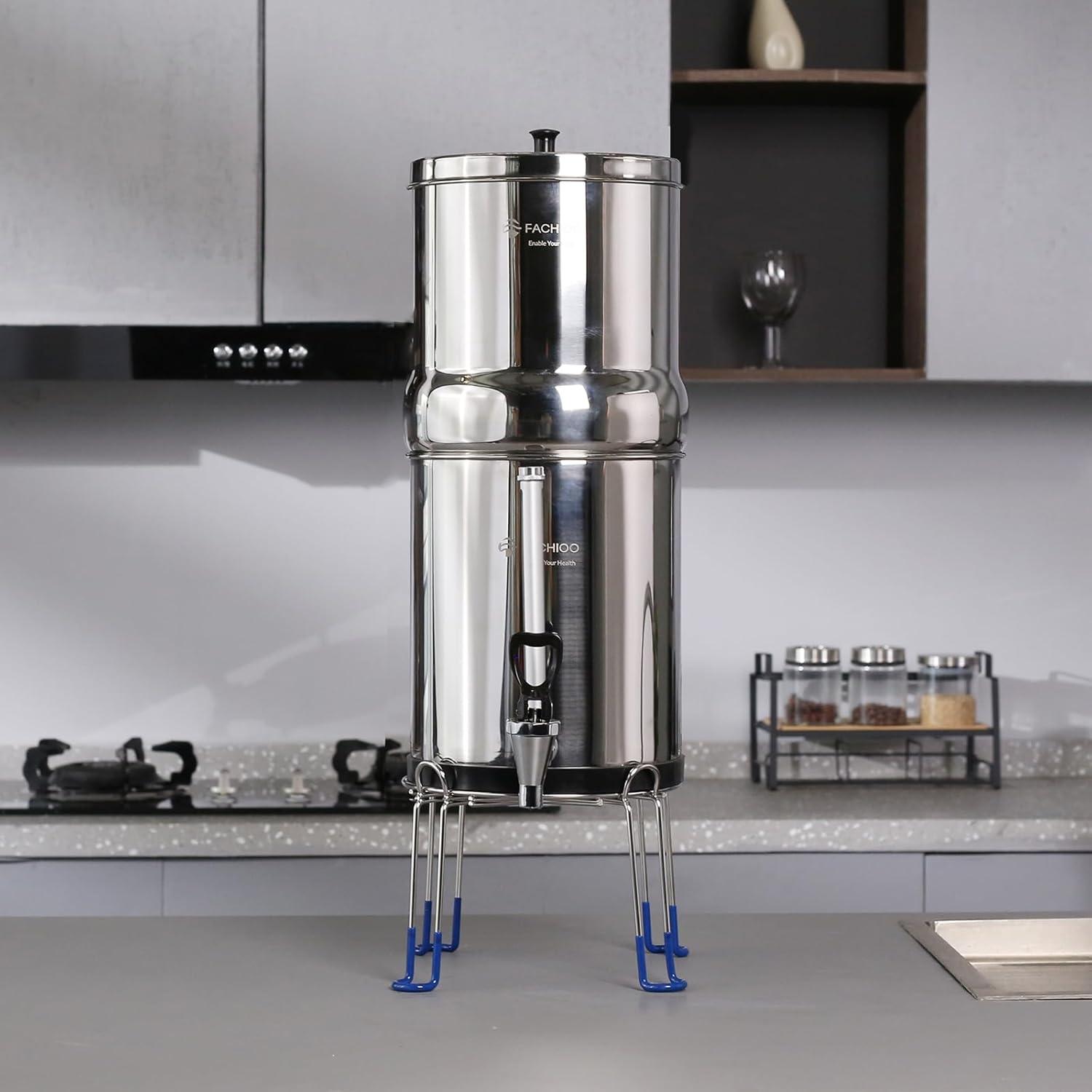 Gravity-fed Water Filter System, 2.25 Gallon Stainless Steel Countertop System with 2 Ceramics Filters Washable Filters, Metal Water Level Spigot and Stand,Reduce up to 99% Chlorine