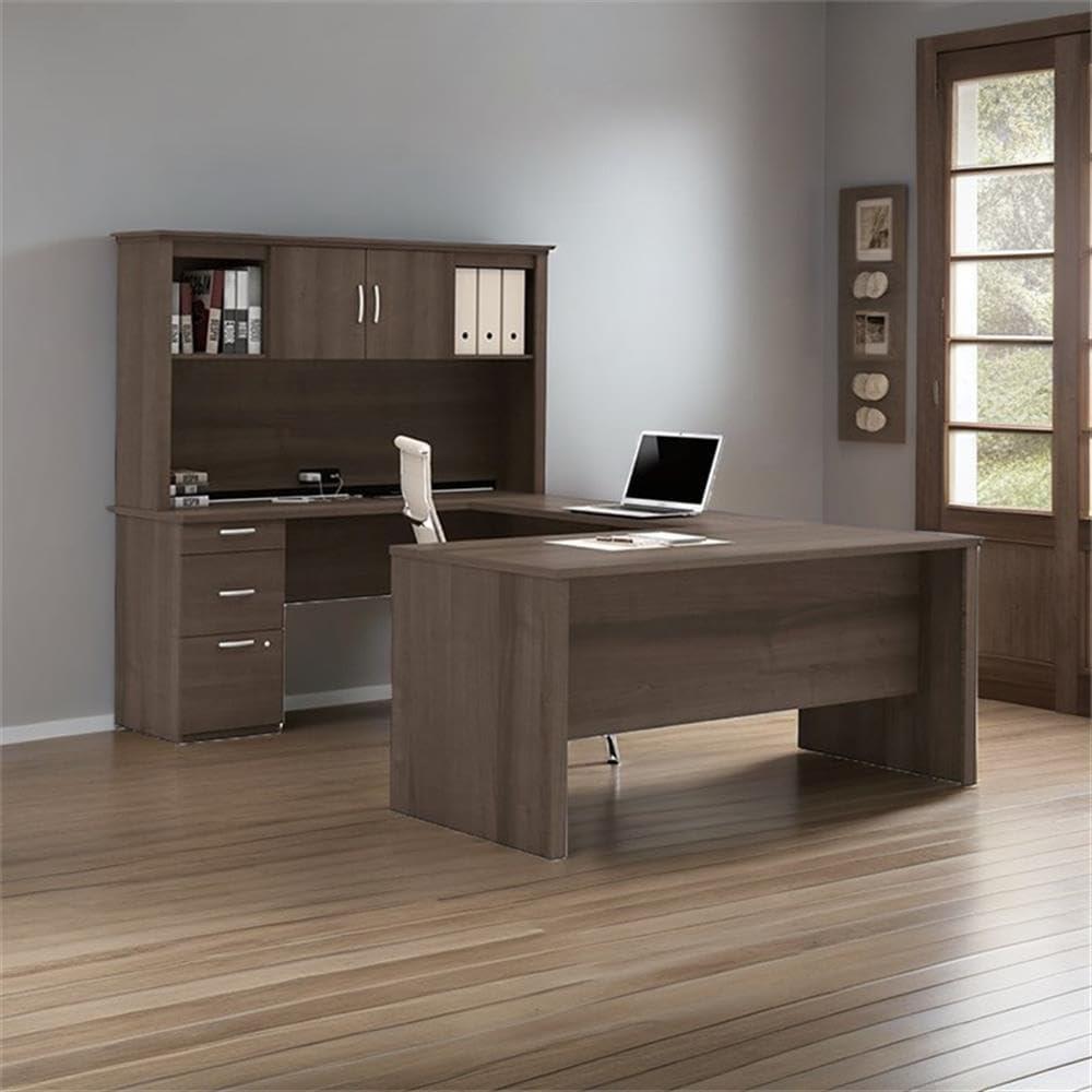 Atlin Designs Contemporary 4 PC Wood U-Shaped Desk with Hutch in Mahogany