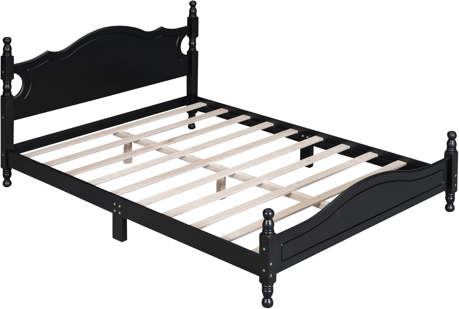 Queen Size Wood Platform Bed Frame for Boys Girls Kids Toddler,Retro Style Platform Bed with Wooden Slat Support,Black