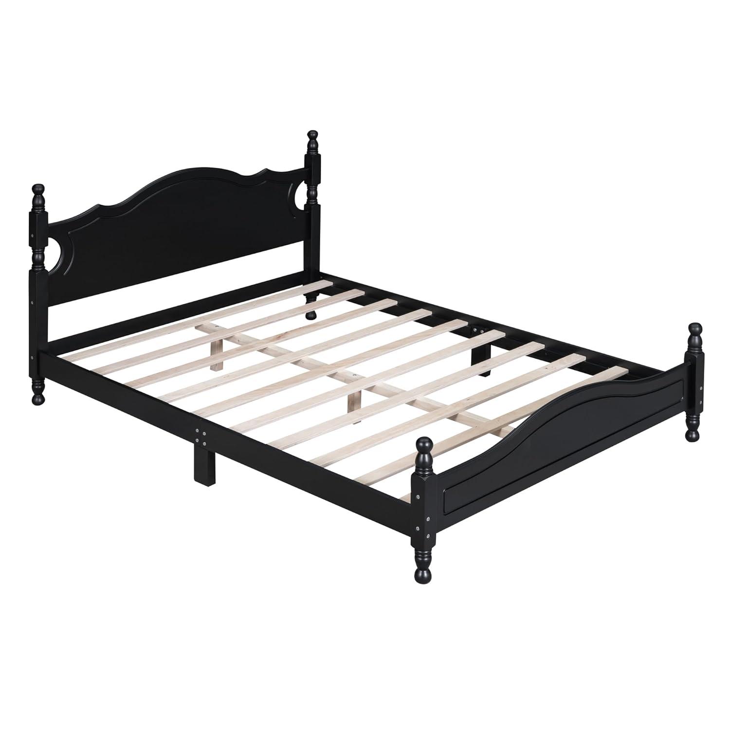 Queen Size Wood Platform Bed Frame for Boys Girls Kids Toddler,Retro Style Platform Bed with Wooden Slat Support,Black