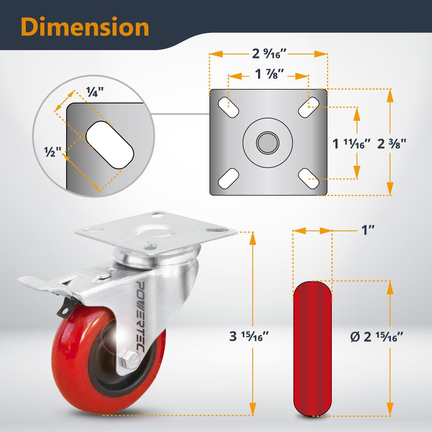 POWERTEC 4PK 3-Inch Swivel Caster Wheels with Brake & 640 lbs Loads, Heavy Duty Plate Casters, Dual Locking PU Castor Wheels for Furniture, Cart, Dolly and Workbench, 17205