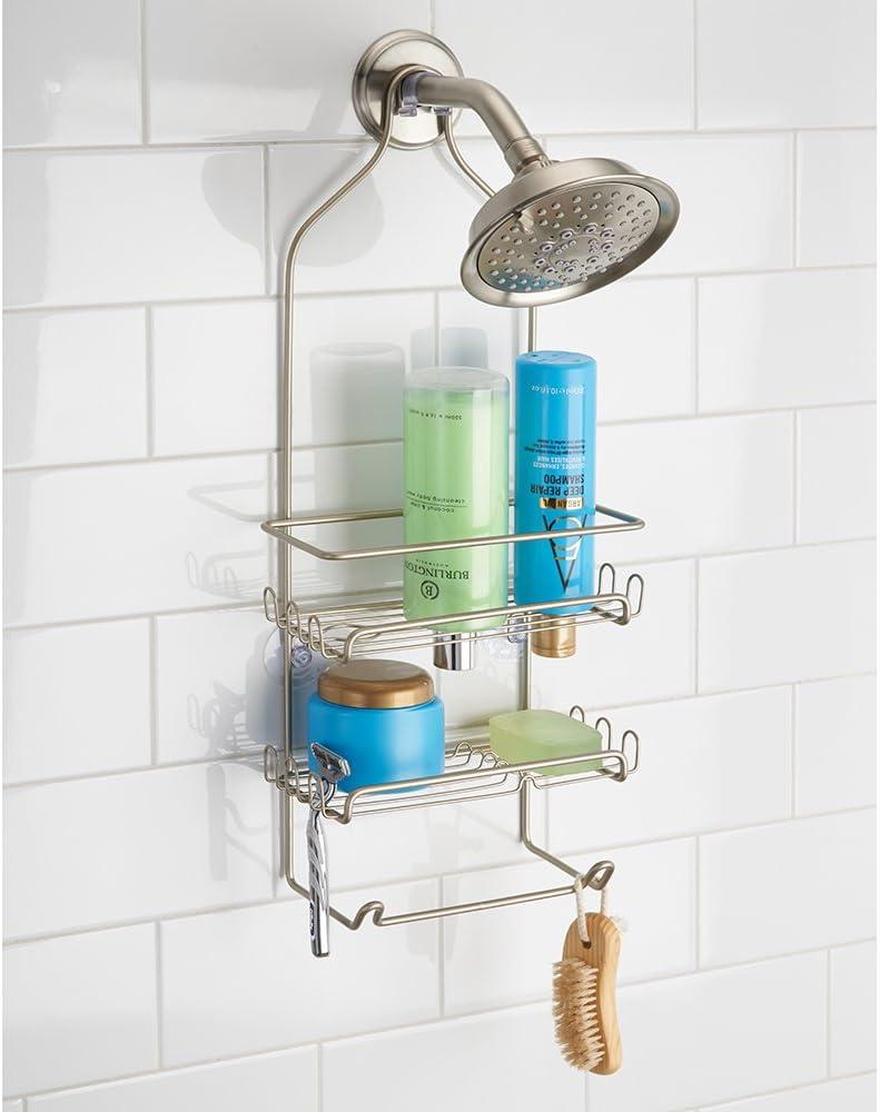 Satin Silver Metal Hanging Shower Caddy with Hooks and Towel Bar