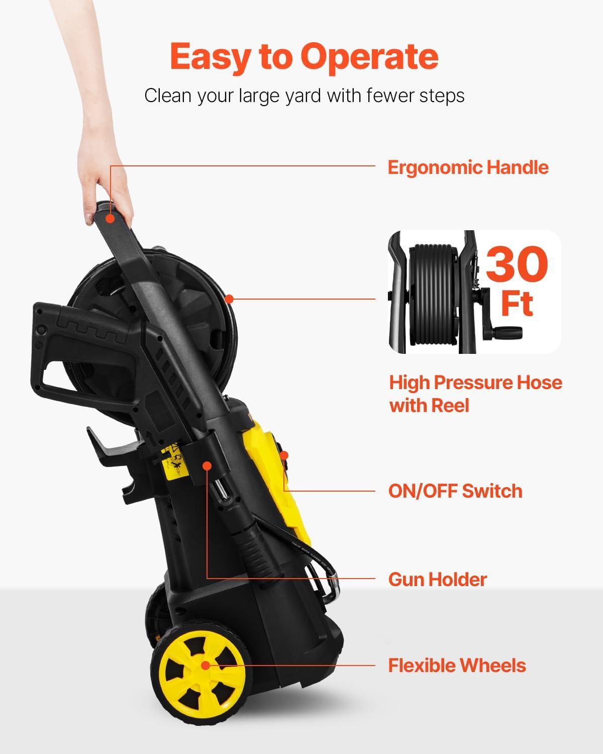 VEVOR Electric Pressure Washer, 2000 PSI 1.76 GPM 30 ft Hose & Reel, 5 Quick Connect Nozzles, Foam Cannon, Portable to Clean Patios, Cars, Fences, Driveways, ETL Listed