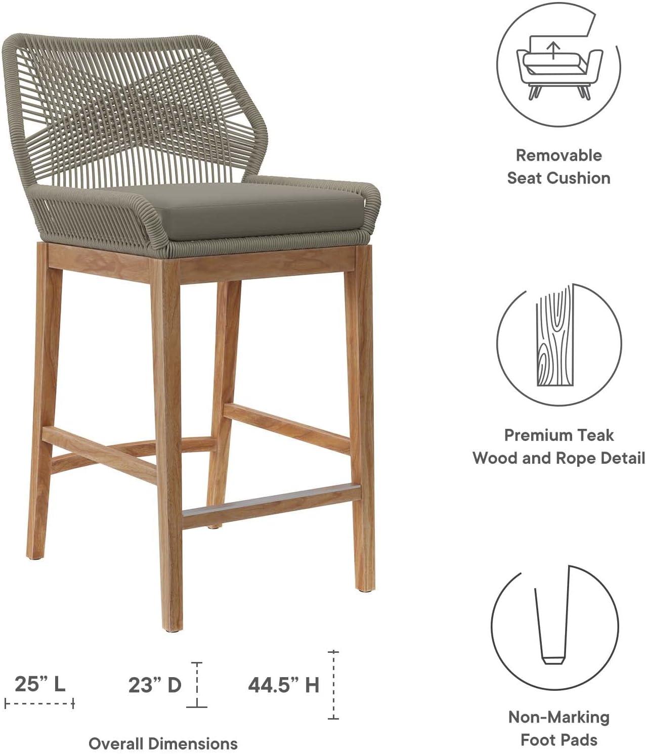 Teak and Woven Rope Outdoor Bar Stool with Cushion