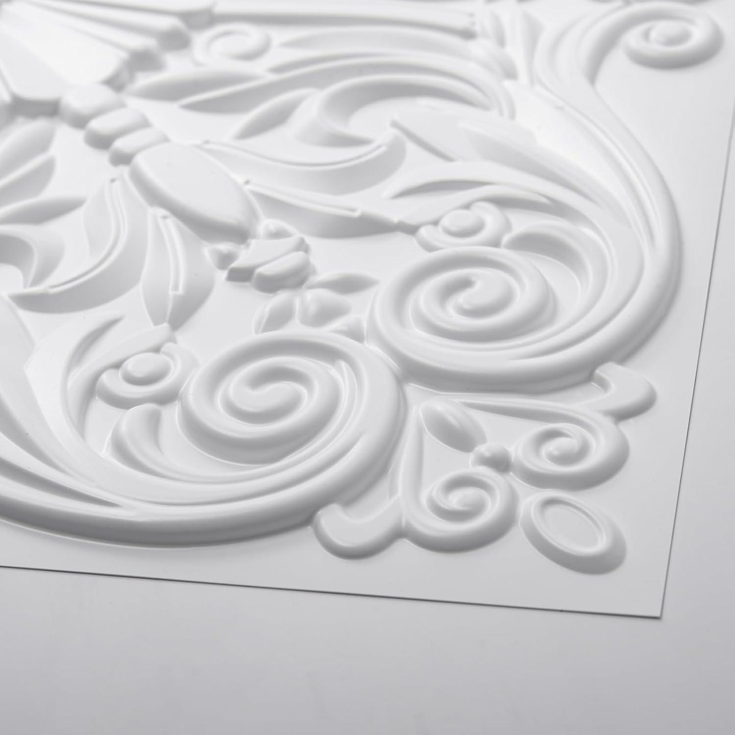 Art3d Art3d Decorative Ceiling Tile 2x2 Glue up, Lay in Ceiling Tile 24x24 Pack of 12pcs Spanish Floral in Matt White