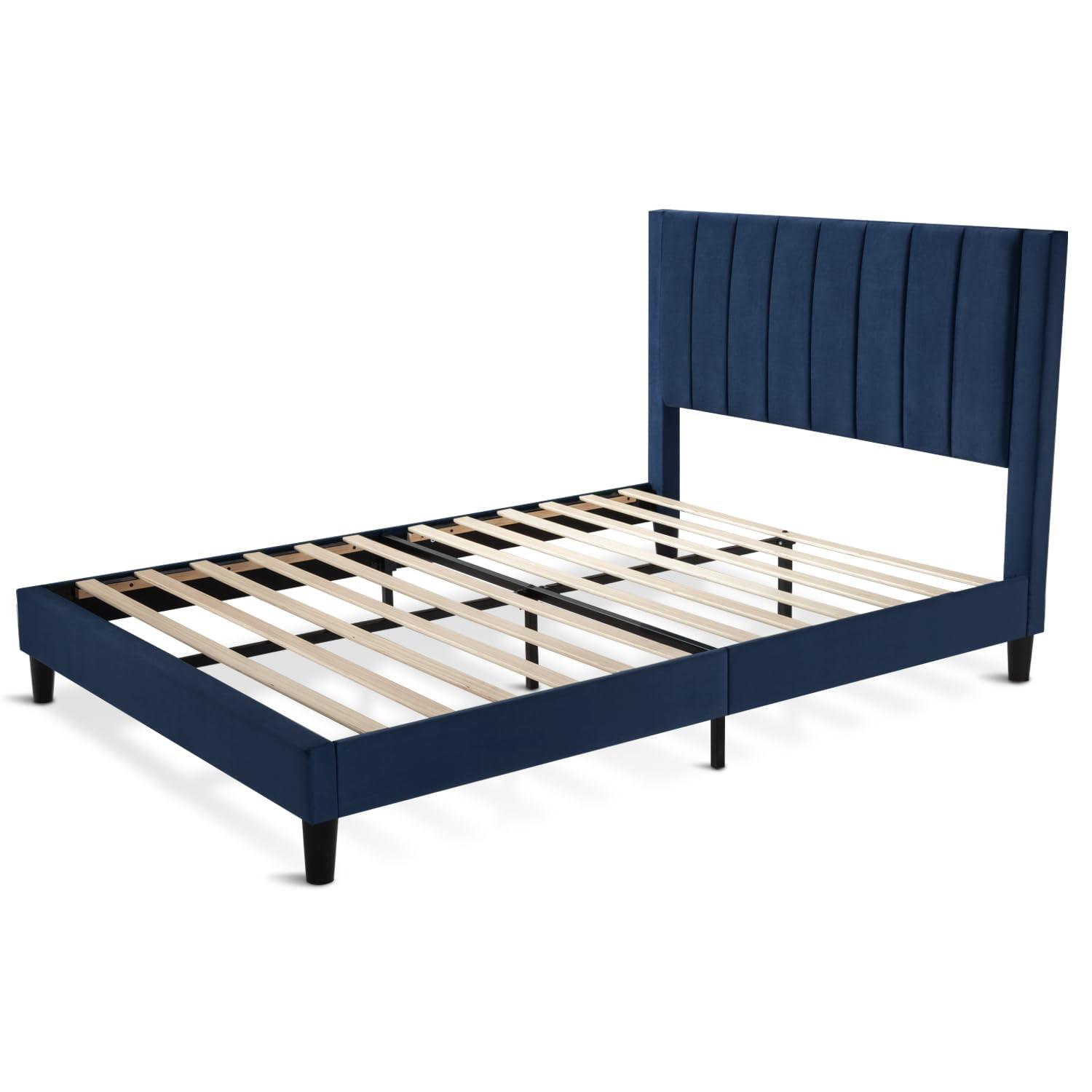 BizChair Queen Upholstered Platform Bed with Vertical Stitched Wingback Headboard, Slatted Mattress Foundation, No Box Spring Needed, Navy Velvet