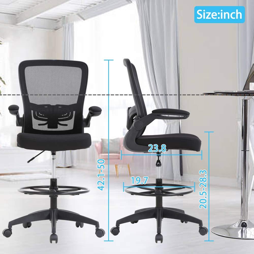 Drafting Chair Tall Office Chair Adjustable Height with Lumbar Support Flip Up Arms Footrest Mid Back Task Mesh Desk Chair Computer Chair Drafting Stool for Standing Desk, Black