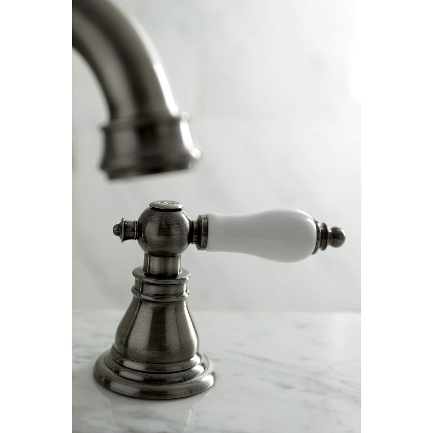 Kingston Brass American Patriot Two-Handle 3-Hole Deck Mount Widespread Bathroom Faucet with Brass Pop-Up Drain