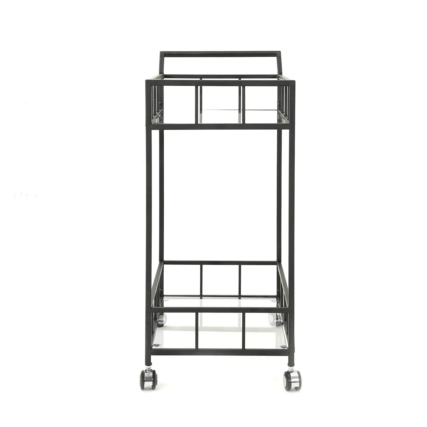 GDF Studio Talon Indoor/Outdoor Modern Iron 2 Tiered Bar Cart with Tempered Glass Top, Black