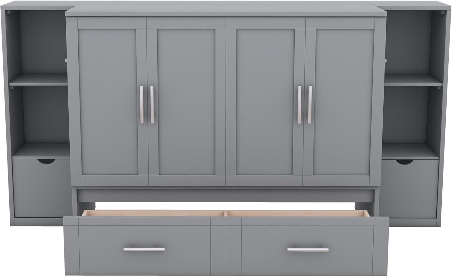 Full Size Murphy Wall Bed With Storage and Bookcase Headboard, Solid Wood Cabinets With Shelves, Drawers and USB Ports, Multi-Function Platform for Home Office, Guest Room - Gray