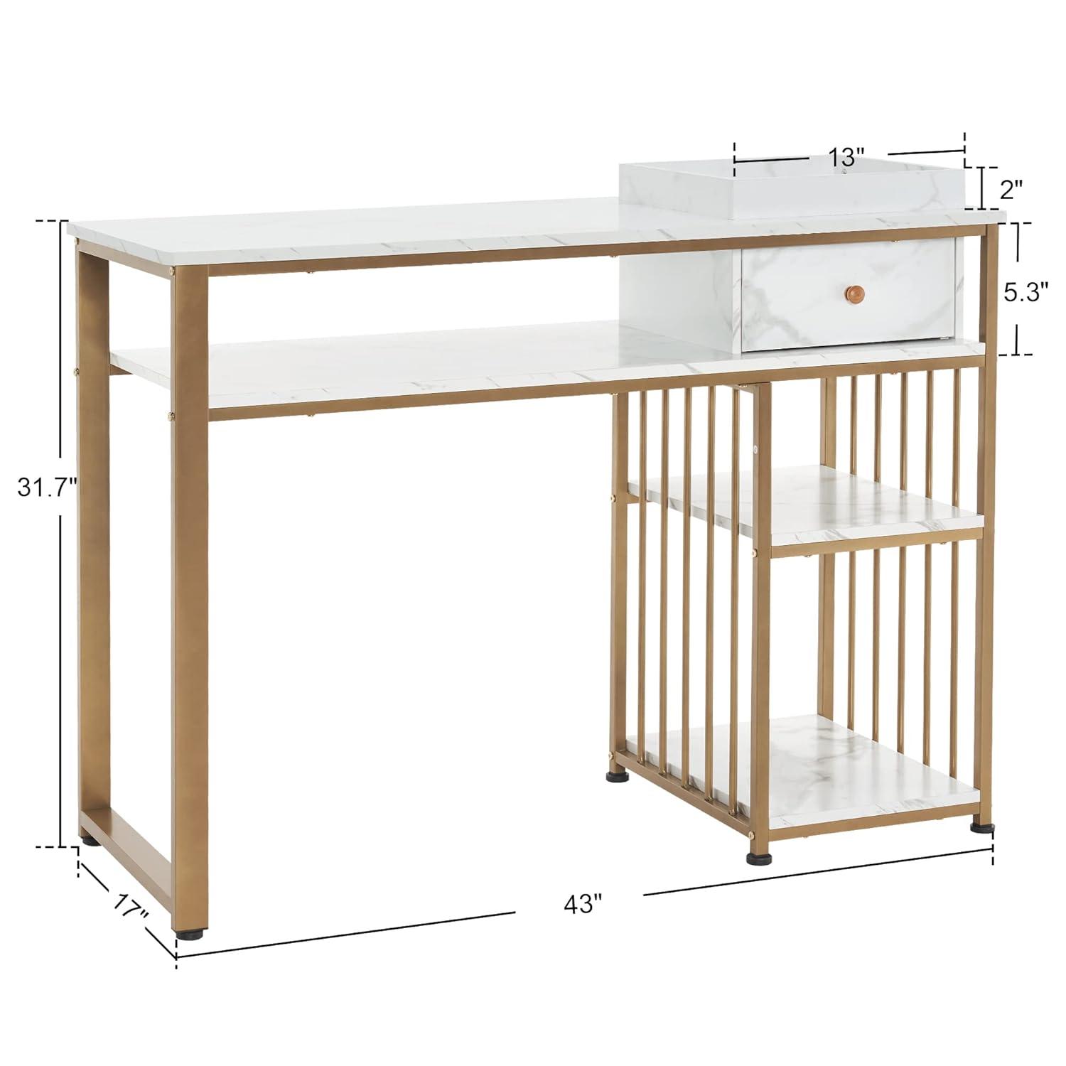 BarberPub Makeup Vanity Desk with Storage, Manicure Table with Metal Frame, Faux Marble Top