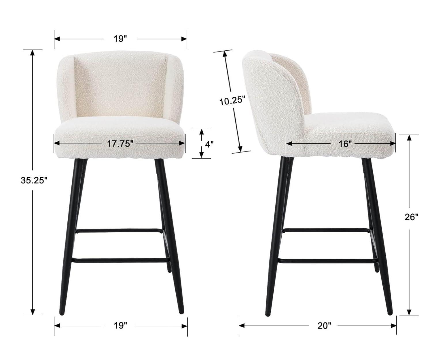 Modern Counter Height Bar Stools Set of 2, 26 Inch Faux Sherpa Upholstered Bar Stools with Back, 18" Seat Wide Island Stools with Black Metal Frame for Kitchen Counter/Breakfast Bar/Restaurant, White