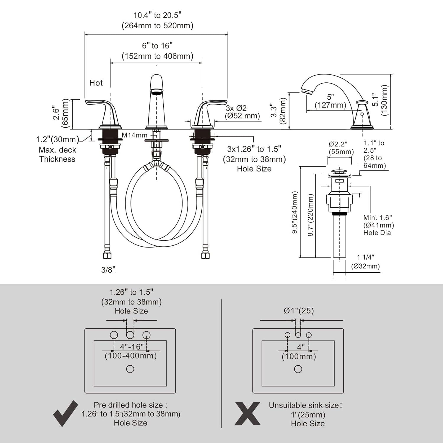 Aleasha Widespread Bathroom Sink Faucet, 3 Hole Faucet With Pop-Up Drain