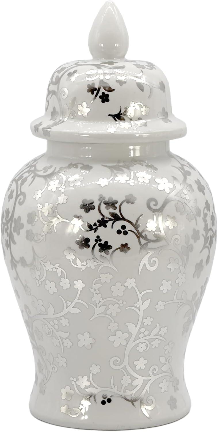 Silver and White Floral Ceramic Ginger Jar with Lid, 18"