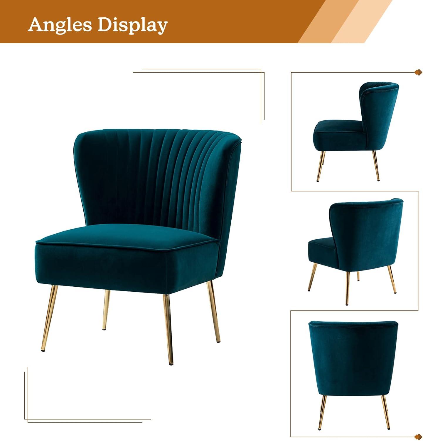 Velvet Upholstered Side Chair Armless Tufted Wingback Metal Legs Dining Living Bedroom Adult Teal