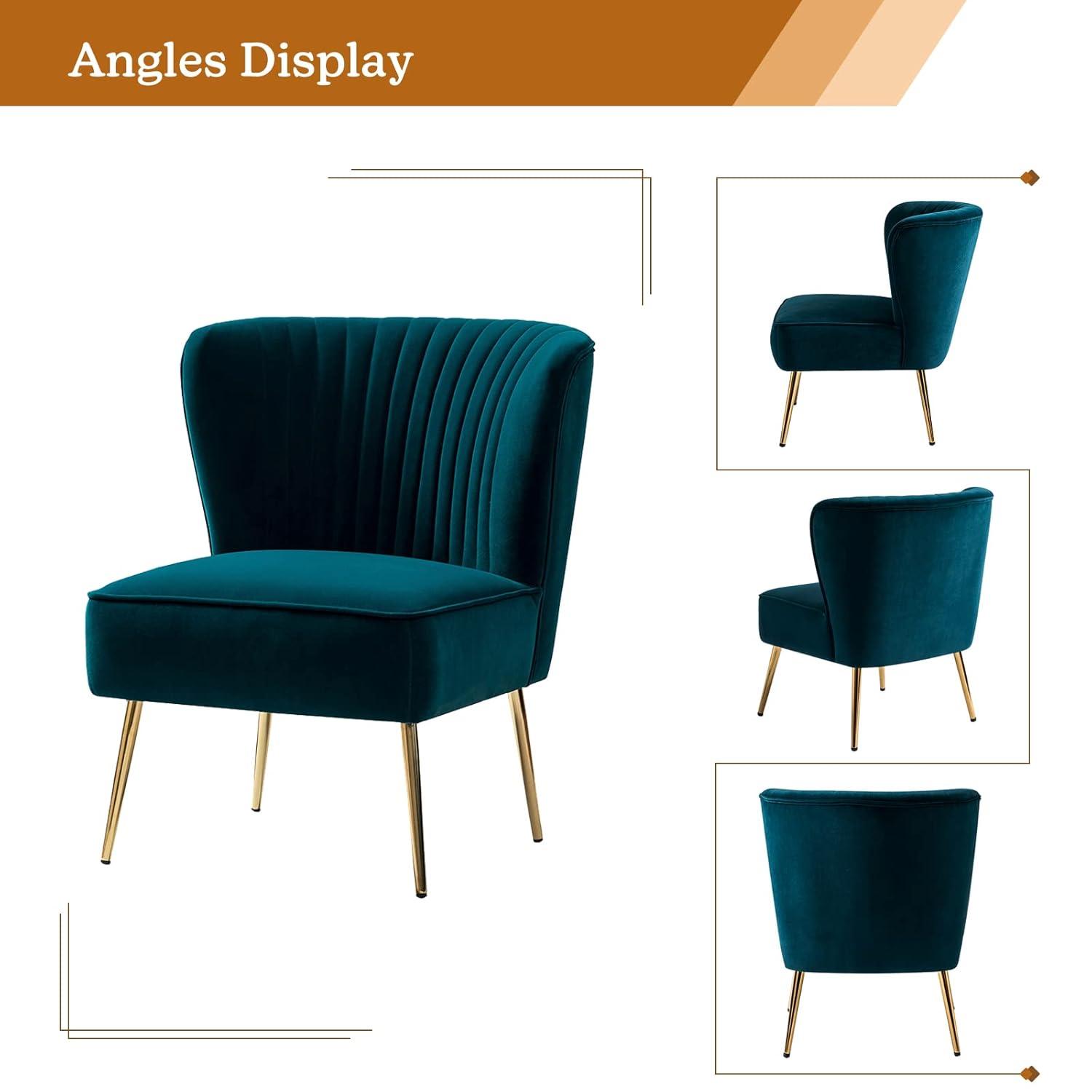 Velvet Upholstered Side Chair Armless Tufted Wingback Metal Legs Dining Living Bedroom Adult Teal
