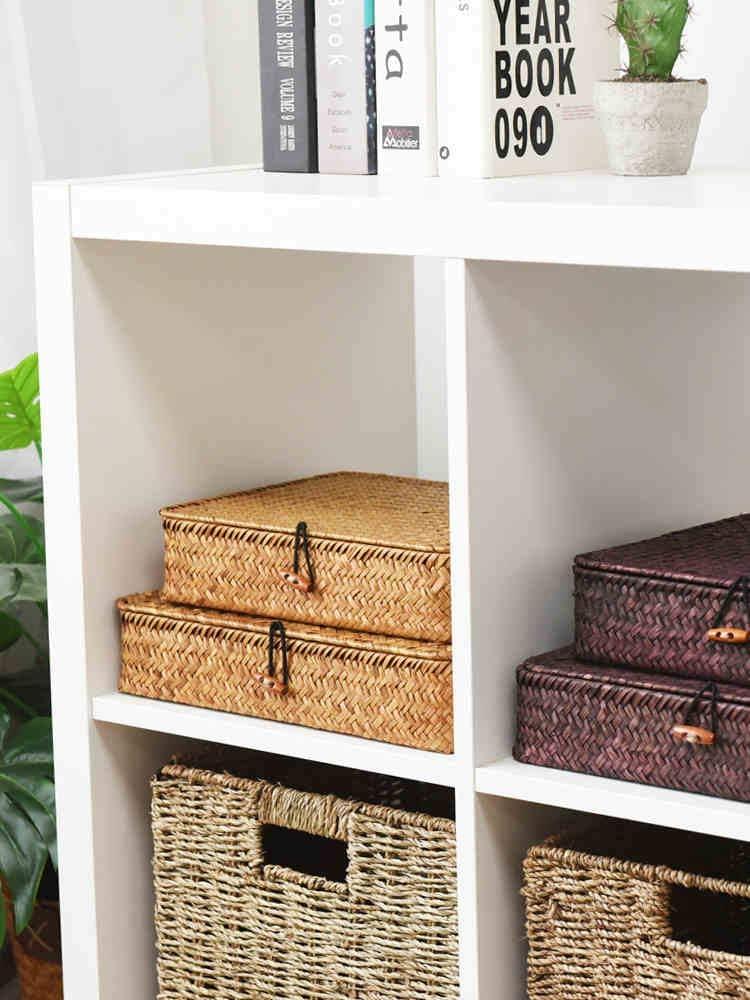 Seagrass Storage Basket Box with Lid Rectangular Woven Shelf Baskets Bins for Organize Snack Toys Set of 2 Natural Decorative(Large+Small)