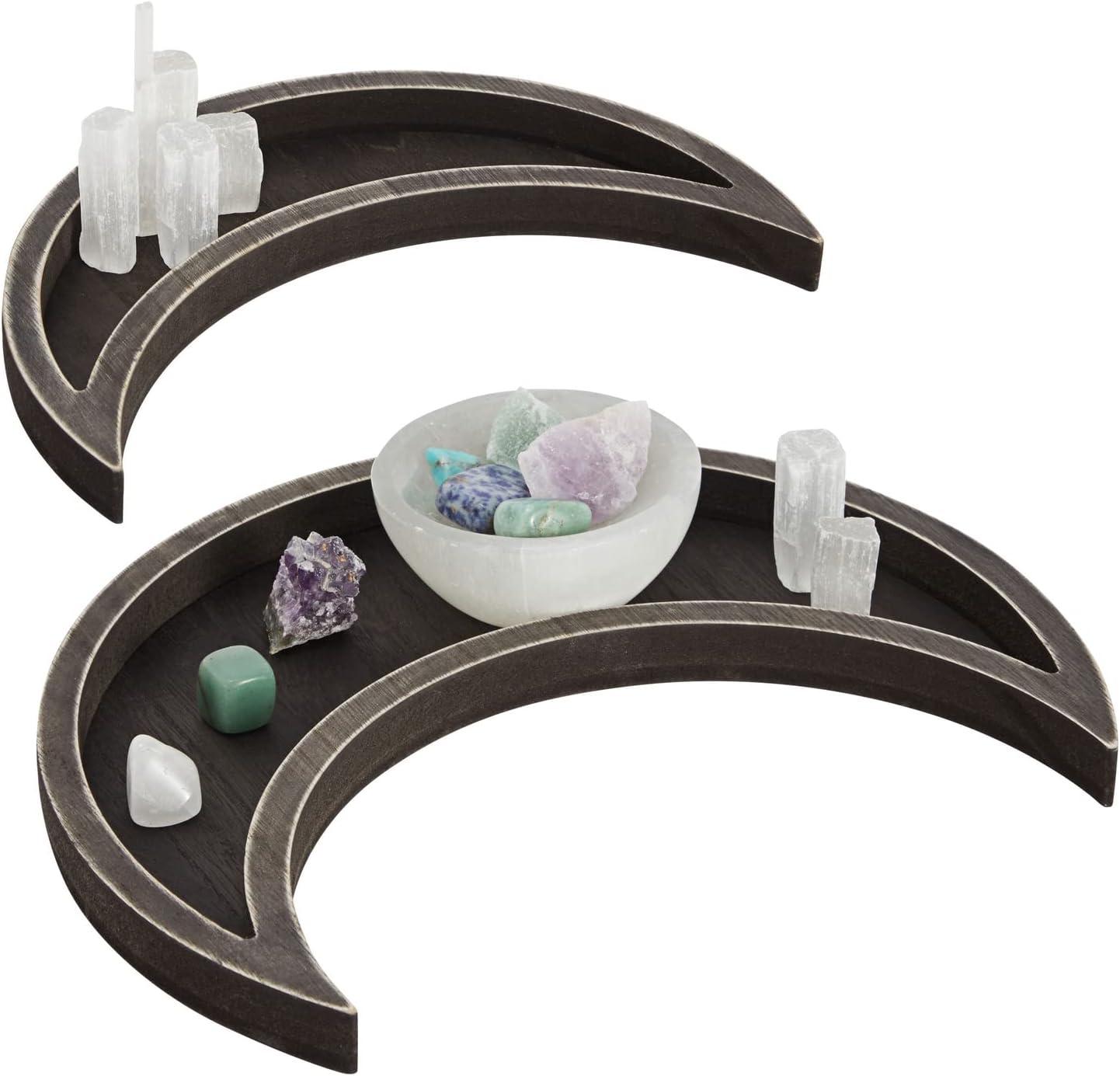 Farmlyn Creek 2-Piece Dark Brown Decorative Wooden Crescent Moon Tray - Rustic Home Décor Accents for Nursery & Shelf Decor - Crystals, Essential Oils, Gemstone Display & Perfume Tray