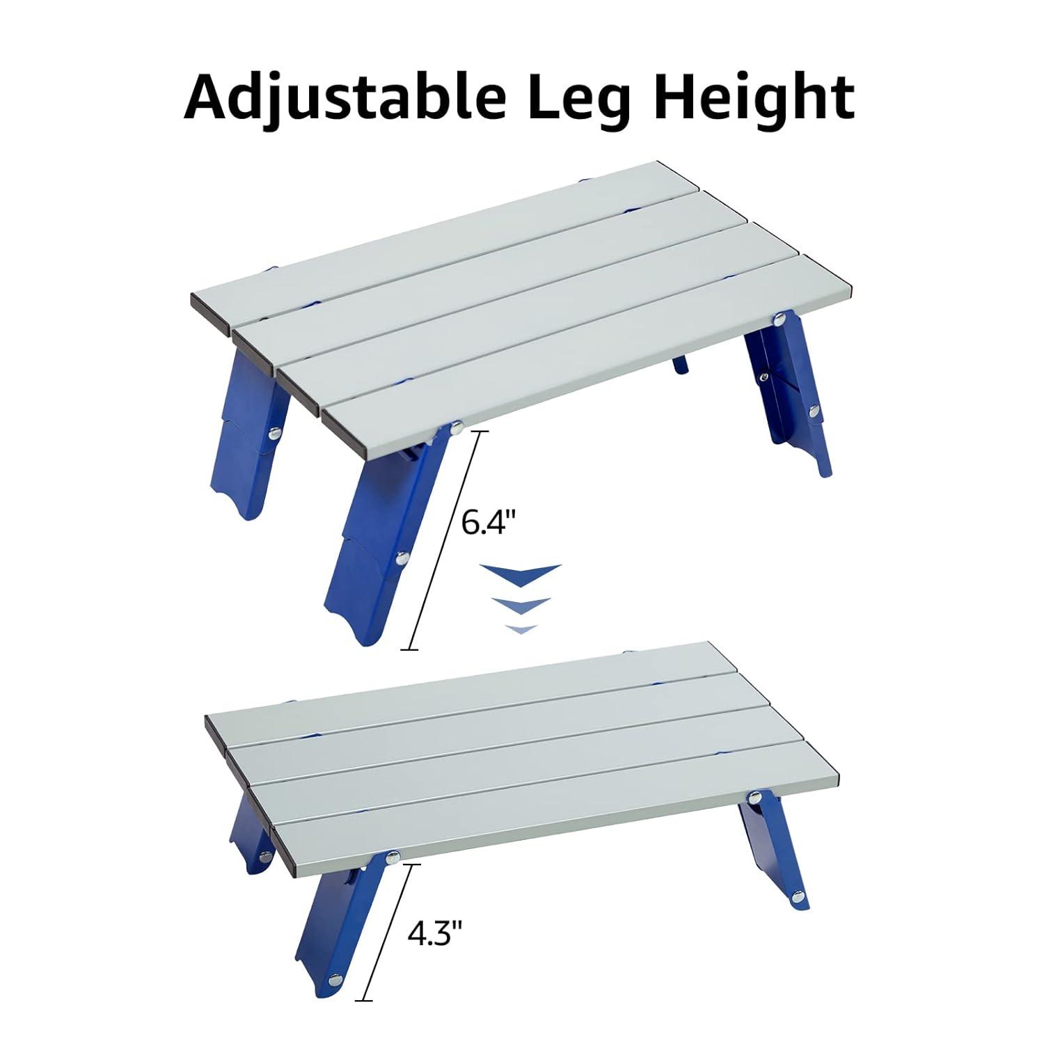 PORTAL Folding Mini Small Beach Table, Portable Aluminum Beach Table with Retractable Legs and Carry Bag for Outdoor Picnic/Cooking/Camp/Travel/Beach,15" L x 8" W x 6" H, Silver/Blue
