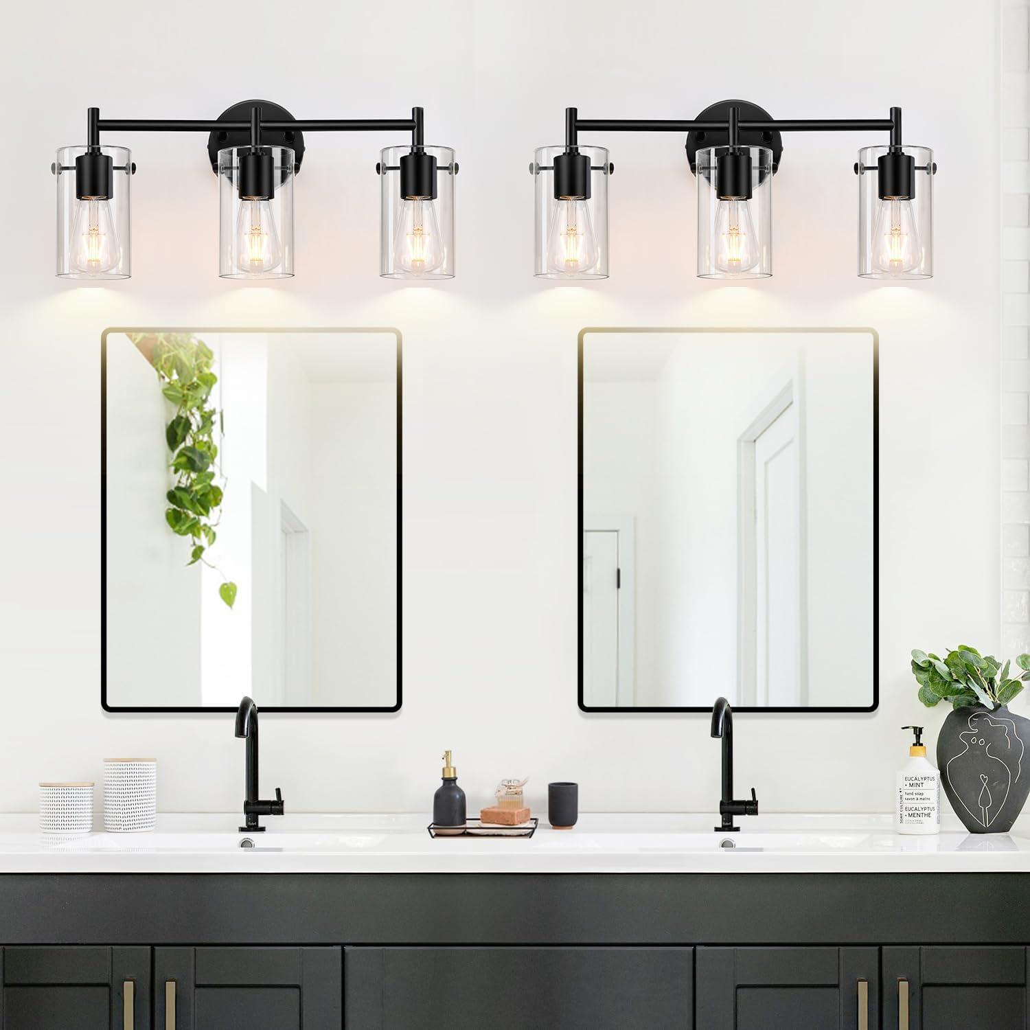 3-Light Bathroom Light Fixtures Bathroom Vanity Lights with Clear Glass Shades Matte Black Bathroom Light Fixtures over mirror for Mirror Living Room Cabinet Bedroom Porch