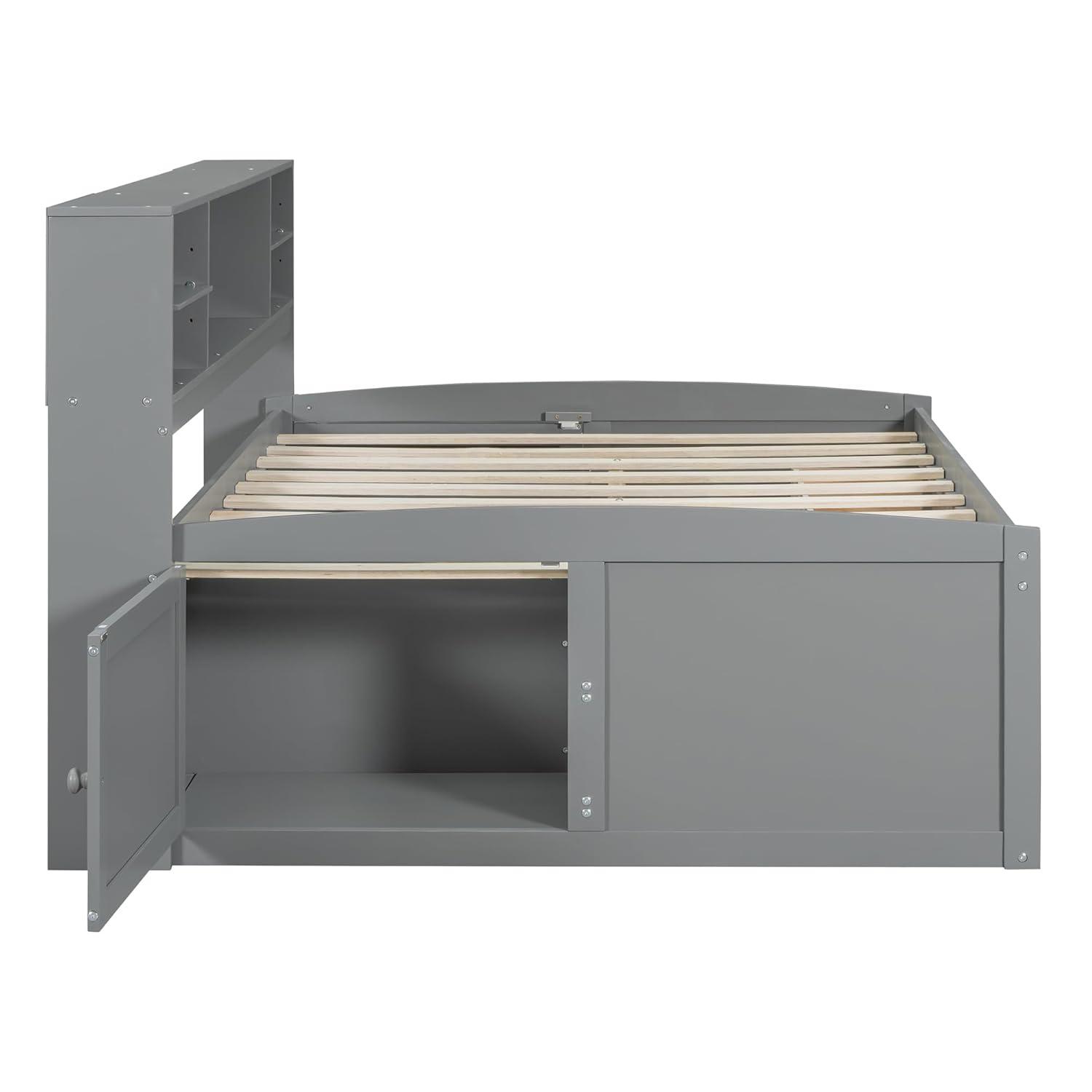 Harper & Bright Designs Full Size Storage Daybed with 4 Drawers, Bookcase and 2 Bedside Cabinets, Solid Wood Full Captain’s Bed Frame for Kids Teens Adults, No Box Spring Needed (Gray)