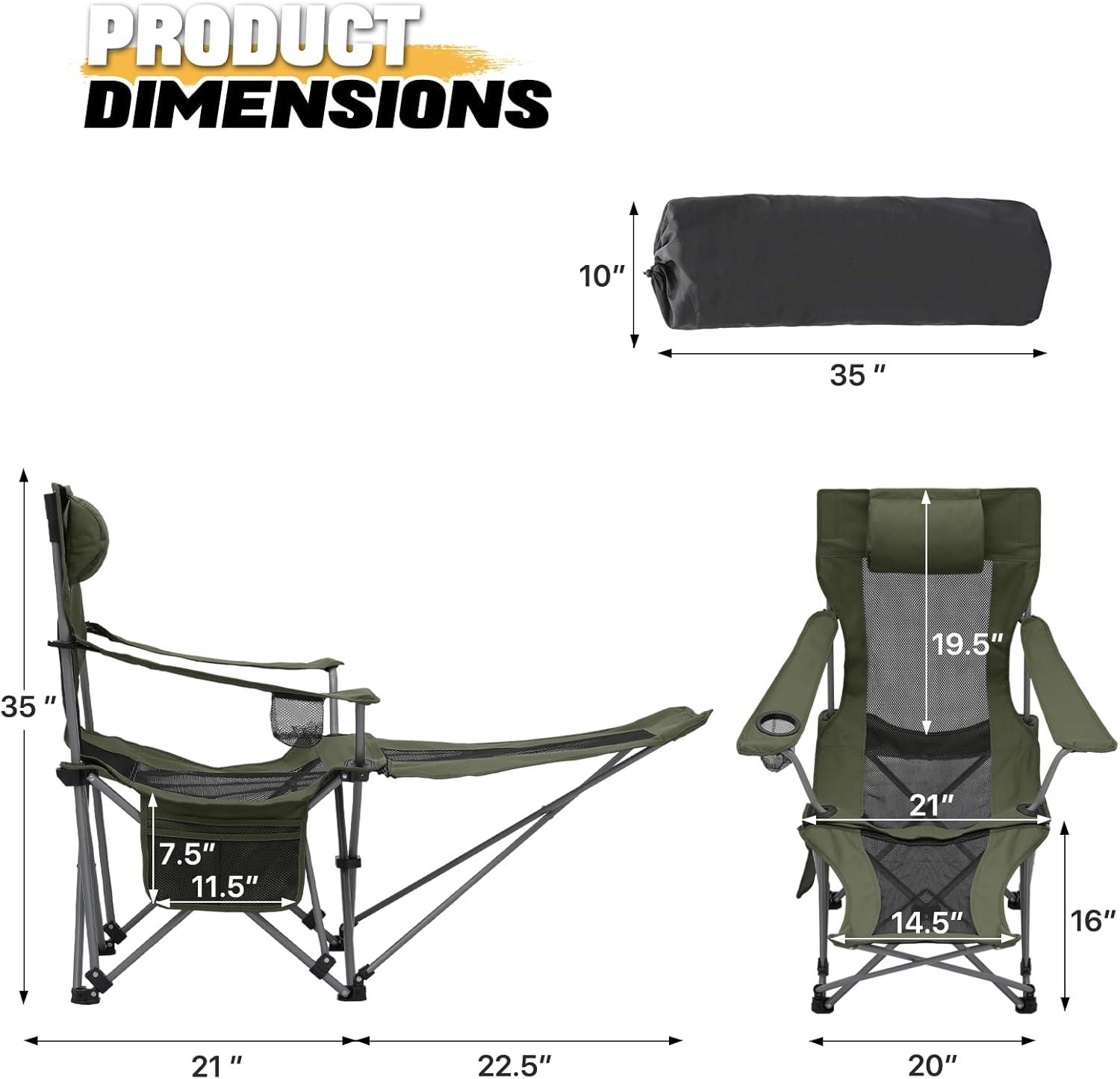 MoNiBloom Folding Camp Chair Beach Chair, Portable Camping and Lounge Travel Outdoor Seat with Cup Holder & Carry Bag, Dark Green