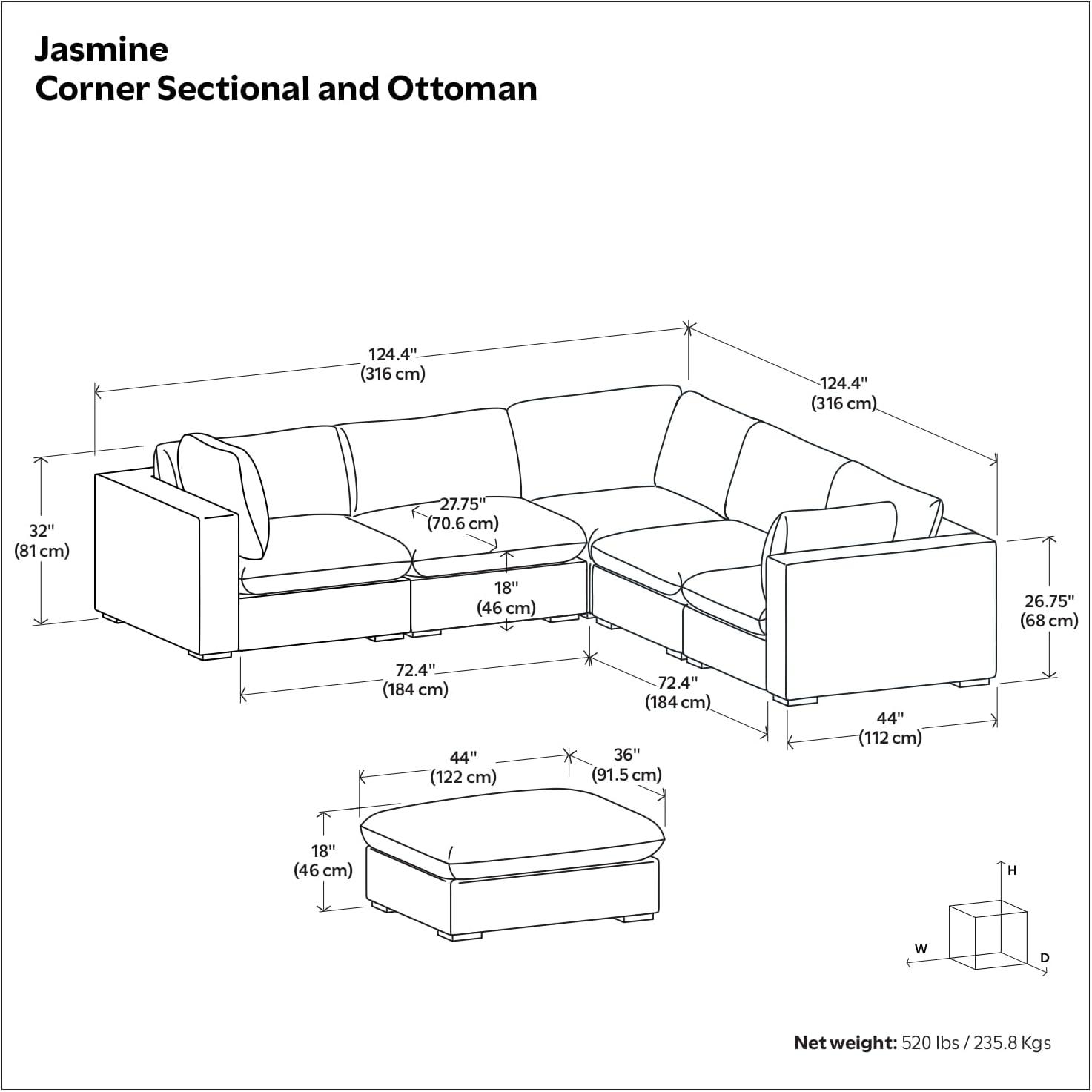 AllModern Maud Modular Sofa and Ottoman Set 125-inch-wide L-Shaped Sofa and Matching 36-inch-wide Table Ottoman for Living Room