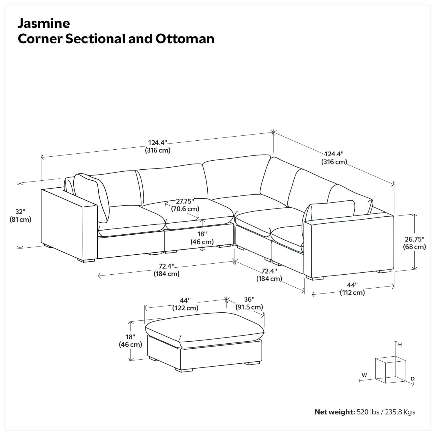 AllModern Maud Modular Sofa and Ottoman Set 125-inch-wide L-Shaped Sofa and Matching 36-inch-wide Table Ottoman for Living Room