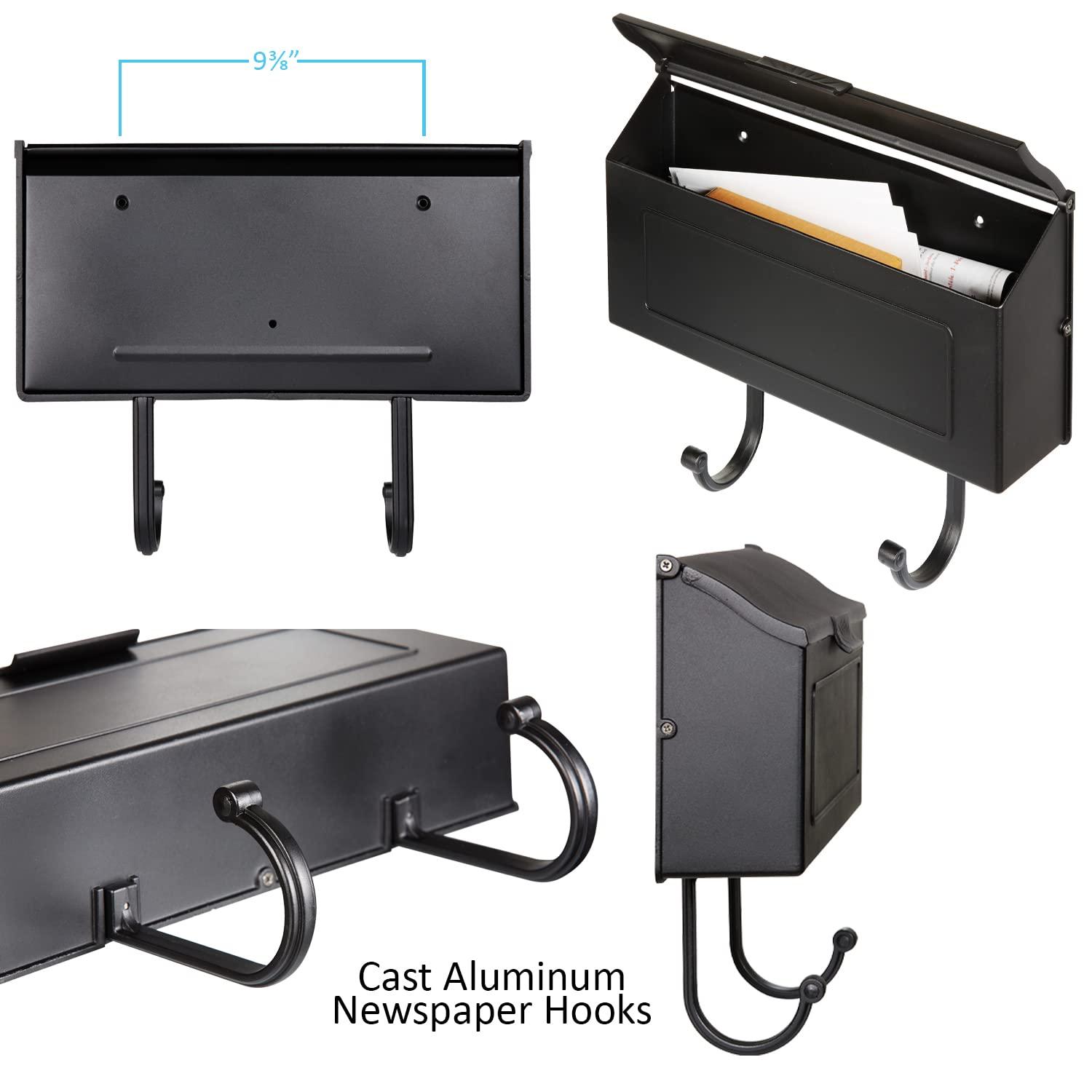 Cast Aluminum Metal Mailbox with Newspaper Hooks, Easy to Install Wall Mount, Heavy Duty, Rustproof Powder Coated Paint, Horizontal Mail Box for Outside House Porch - 16” x 4.25” x 8.25” (Black)