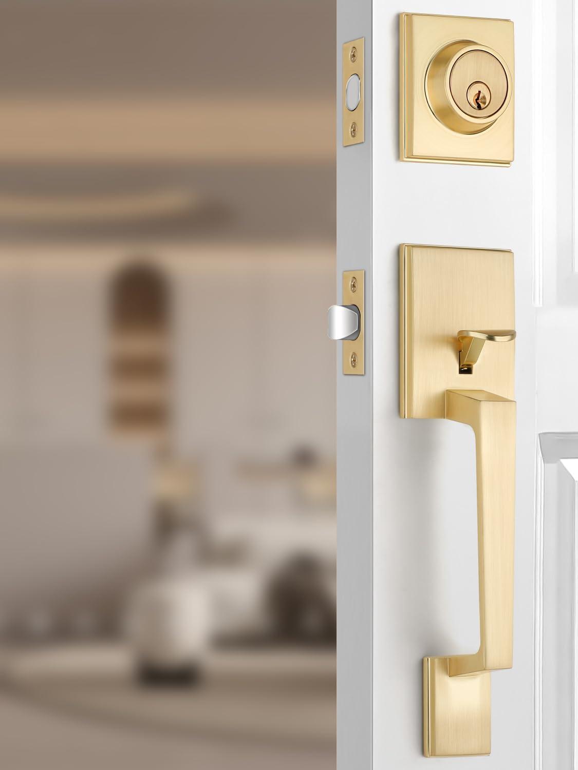 Front Door Lock Set - Exterior Door Handle Set with Deadbolt Door Lock Single Cylinder Interior Entry Handle with Lever Reversible Left & Right Gold
