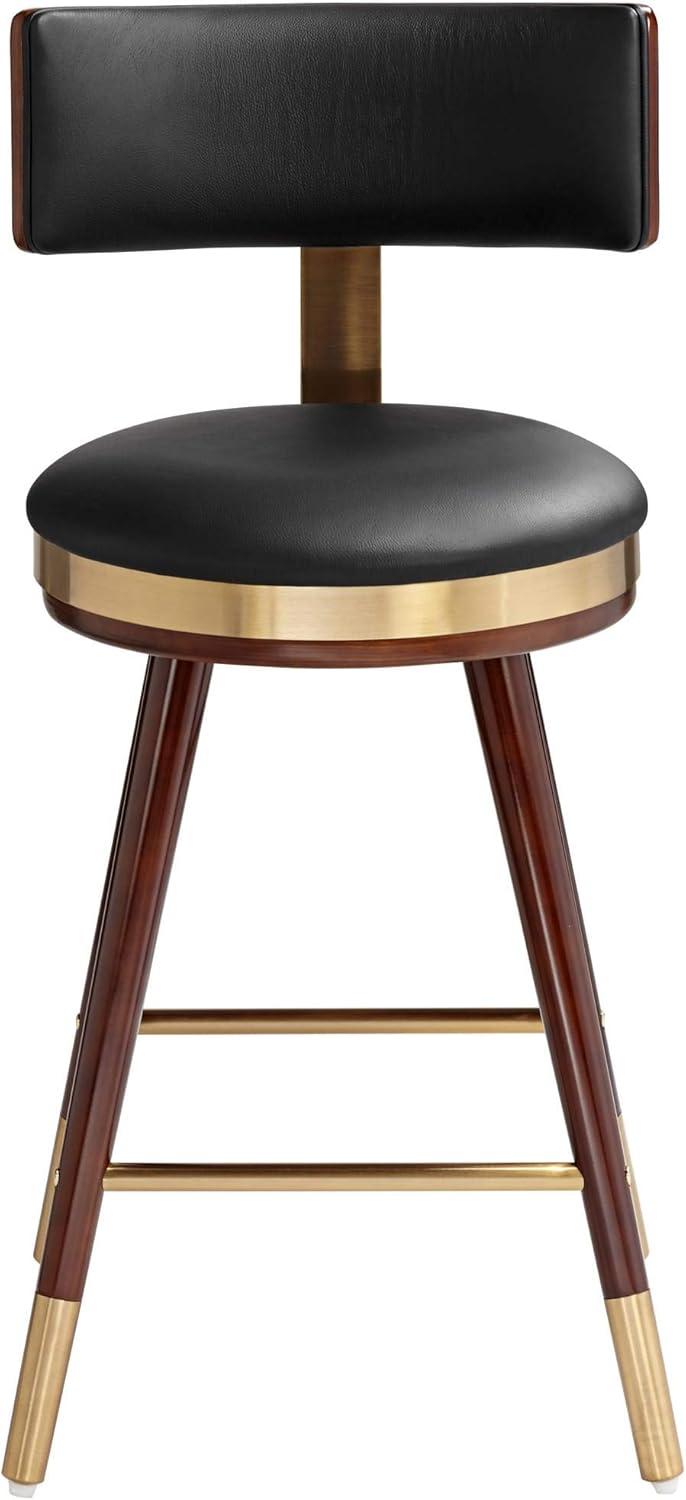 Studio 55D Walnut Bar Stool Brown 25 1/2" High Mid Century Black Leather with Backrest for Kitchen Counter Height Island