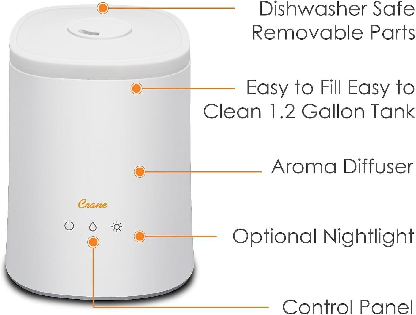 Crane USA 1.2 Gal. Cool Mist Ultrasonic Tabletop Humidifier 500 Sq. Ft., With Night Light, For Bedroom
