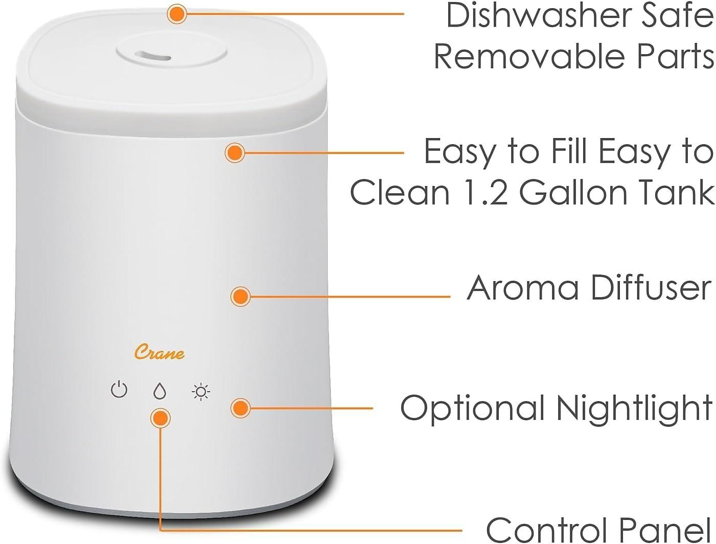 Crane USA 1.2 Gal. Cool Mist Ultrasonic Tabletop Humidifier 500 Sq. Ft., With Night Light, For Bedroom