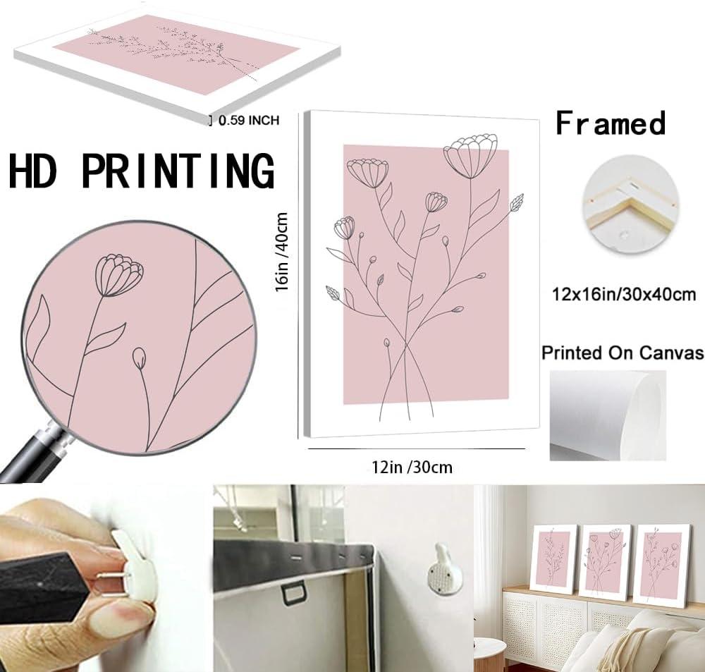 Lark Manor™ 3 Pieces Minimalism Botanical Canvas Wall Art Pink Flowers Line Plants Pictures Wall Decor Posters Print Artwork For Girls' Room Living Room Bedroom Bathroom Office Home Decoration