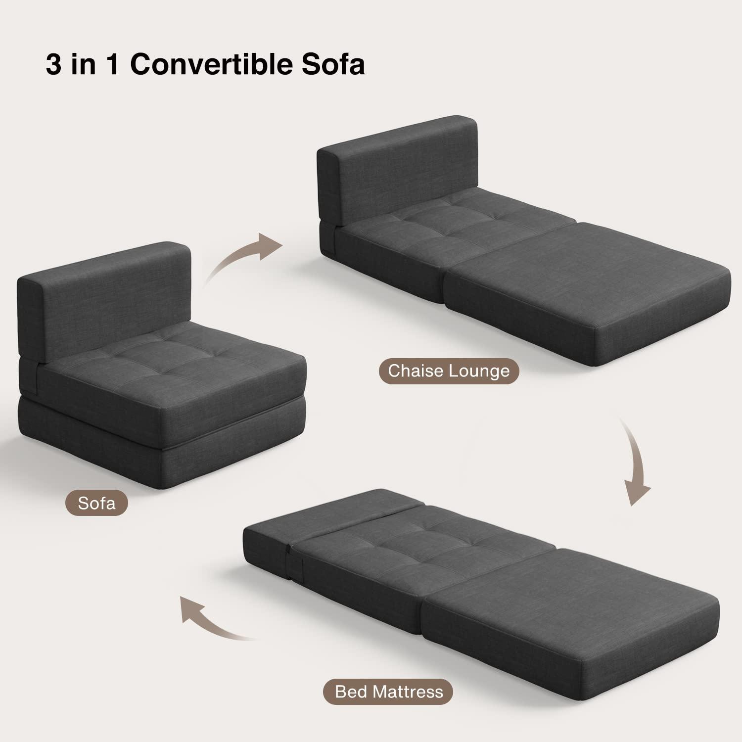 Aiho Sleeper Sofa Bed, Memory Foam Futon Sofa Bed, Convertible Chair Sleeper Floor Couch, Modern Linen Fabric Removable Cover, for Living Room/Apartment/Loft, Dark Grey