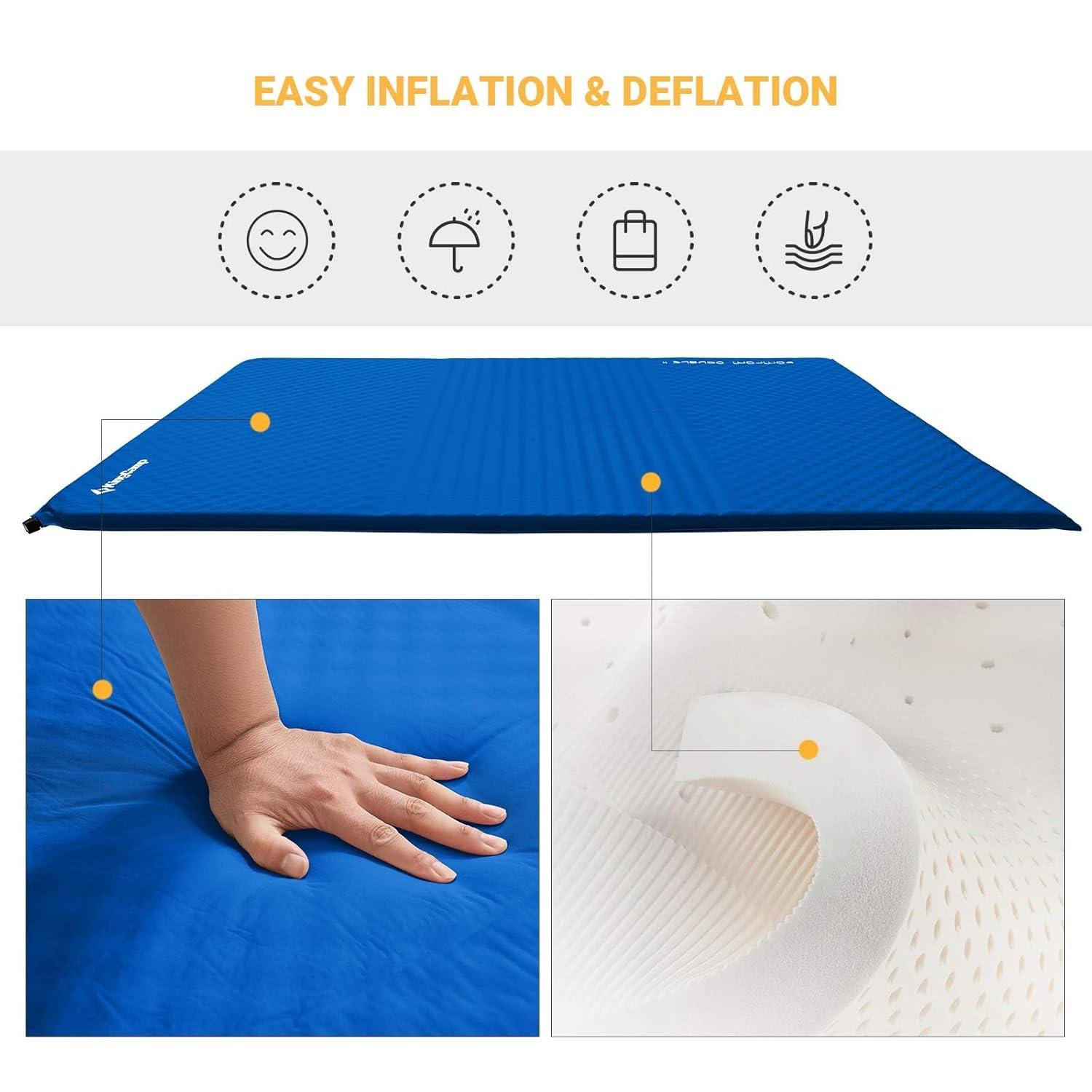 KingCamp Double Self Inflating Compact Folding Ultralight Outdoor Camping Sleeping Mattress Pad with 2 Pillows and Carry Bag, Blue